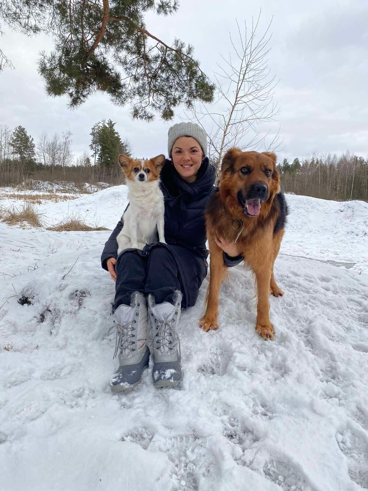 Iryna Timoshenko with her dogs, Archie and Lola, in Ukraine.