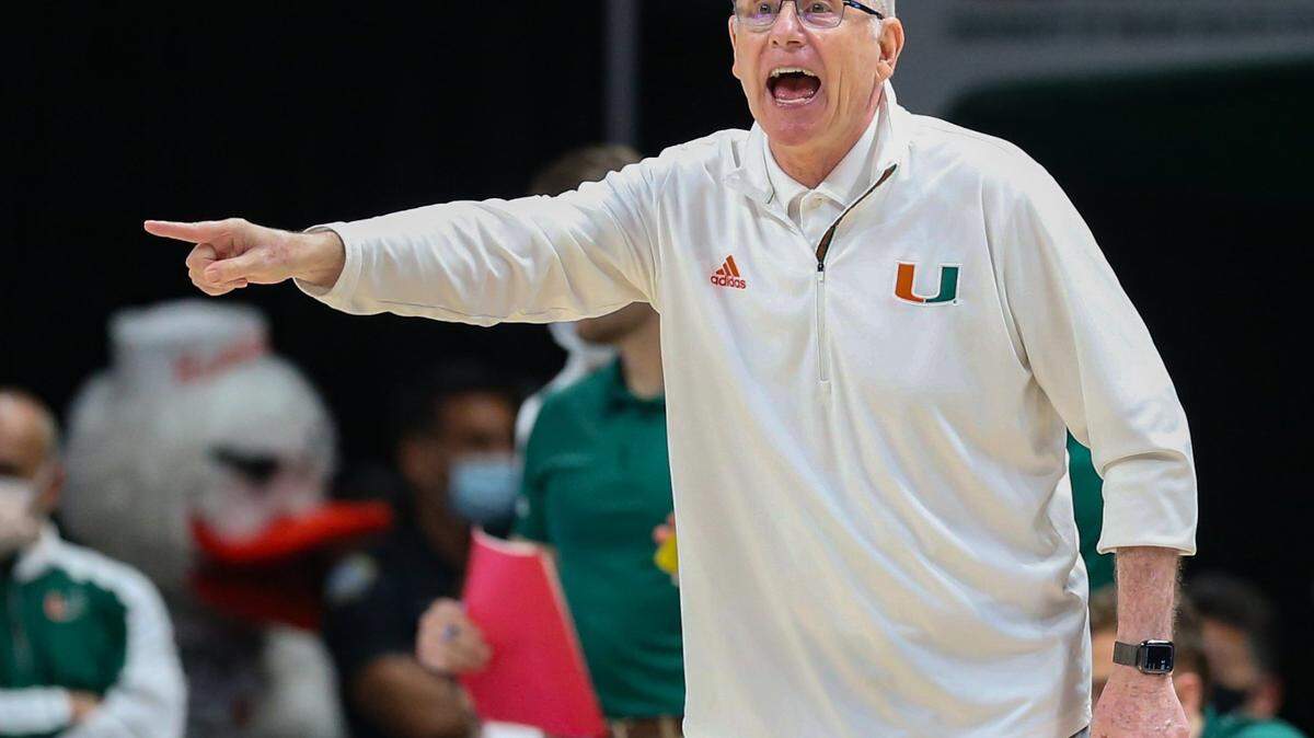 Miami Hurricanes head coach Jim Larrañaga calls out as the Canes host Florida State Seminoles at the Watsco Center in Coral Gables on Saturday, January 22, 2022.