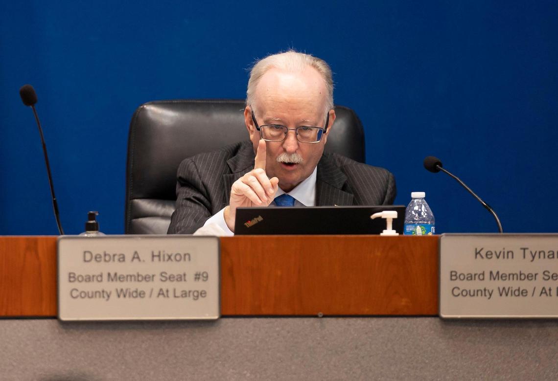 Broward County School Board member Kevin Tynan speaks during a meeting at the Kathleen C. Wright Administration Center on Monday, Nov. 14, 2022, in Fort Lauderdale, Fla. He said he was ‘conflicted’ over whether the board should fire Broward Superintendent Vickie Cartwright, but in the end voted to fire her in the 5-4 vote. He was one of the board members whom Gov. DeSantis appointed in August.