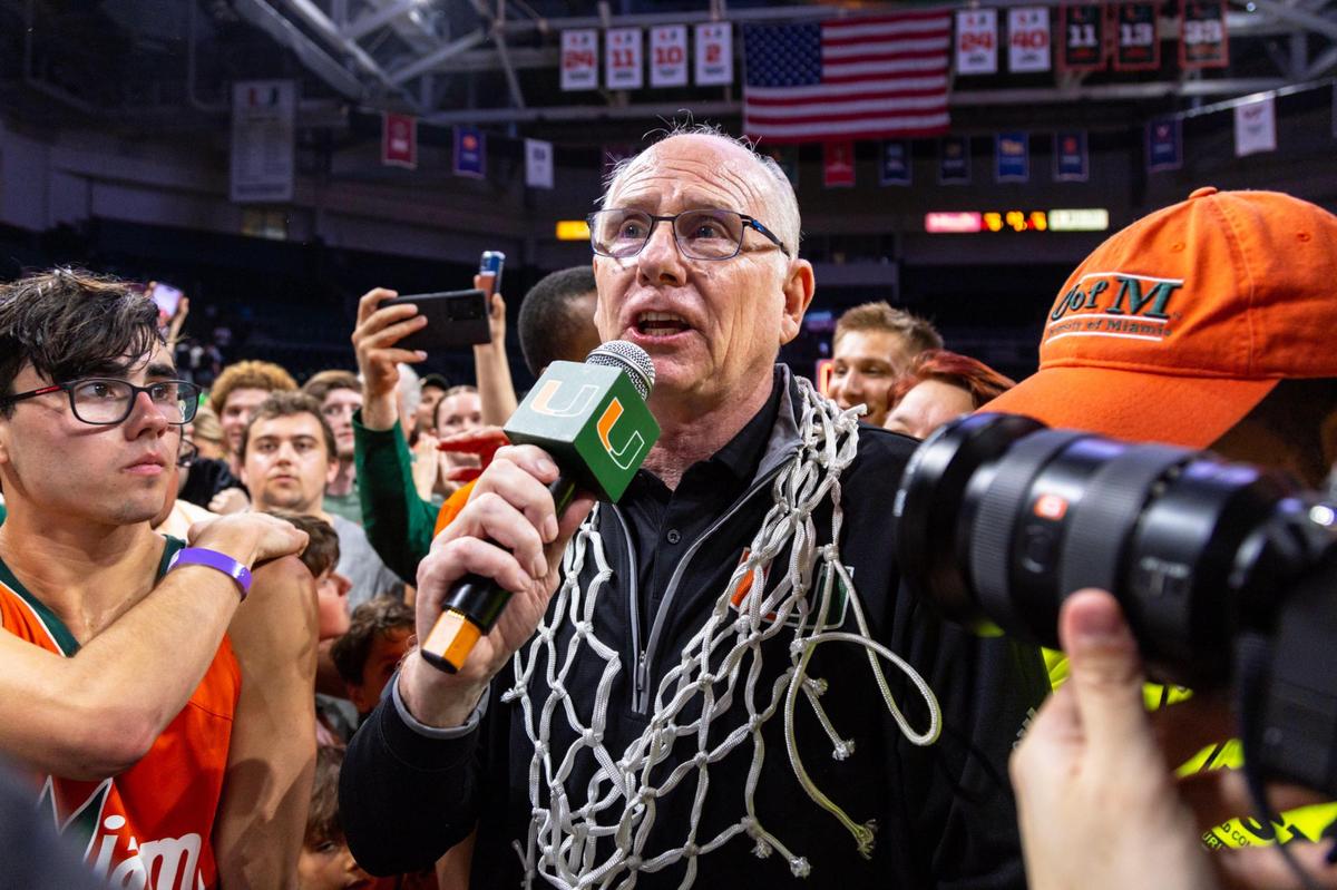 Hurricanes Head Coach Jim Larrañaga addresses the fans after defeating the Pittsburgh Panthers 78-76 to become regular season Co-Champs and the first seed for the ACC Tournament during an NCAA basketball game at Watsco Center in Coral Gables, Florida, on Saturday, March 4, 2023.