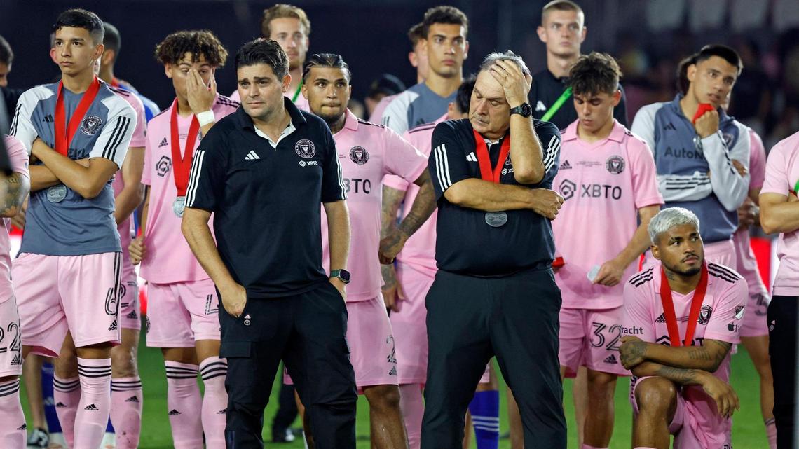 Inter Miami head coach Tata Martino reacts as he stands with the team after losing against Houston Dynamo in the Lamar Hunt U.S. Open Cup Final at DRV PNK Stadium in Fort Lauderdale, Florida on Wednesday, September 27, 2023.