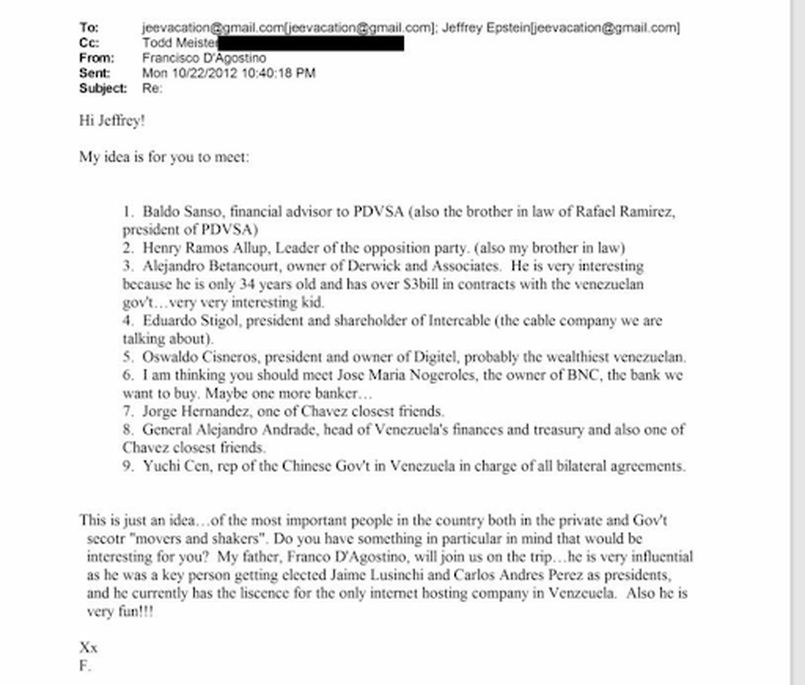 Screenshot of e-mail correspondence sent to Jeffrey Epstein from Francisco D’Agostino, included in the Department of Justice’s release of the Epstein files.