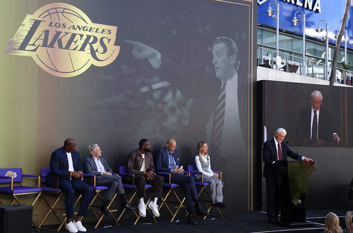 Los Angeles Lakers former head coach Pat Riley speaks during the unveiling of his statue at Crypto.com Arena on February 22, 2026 in Los Angeles.