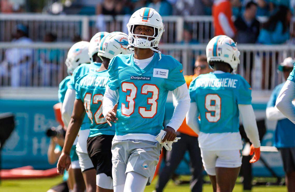 Miami Dolphins cornerback cornerback Eli Apple (33) participates in a drill during NFL football training camp at Baptist Health Training Complex in Hard Rock Stadium on Sunday, July 30, 2023 in Miami Gardens, Florida.