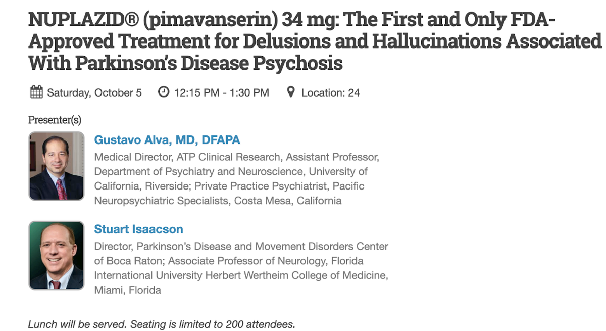 Stuart Isaacson, a South Florida neurologist, appears on a website advertising a talk for Nuplazid, a drug used to treat pyschosis associated with Parkinson’s disease.