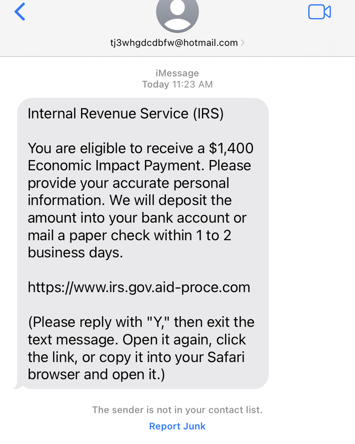 This “smishing” text claims to be from the Internal Revenue Service.