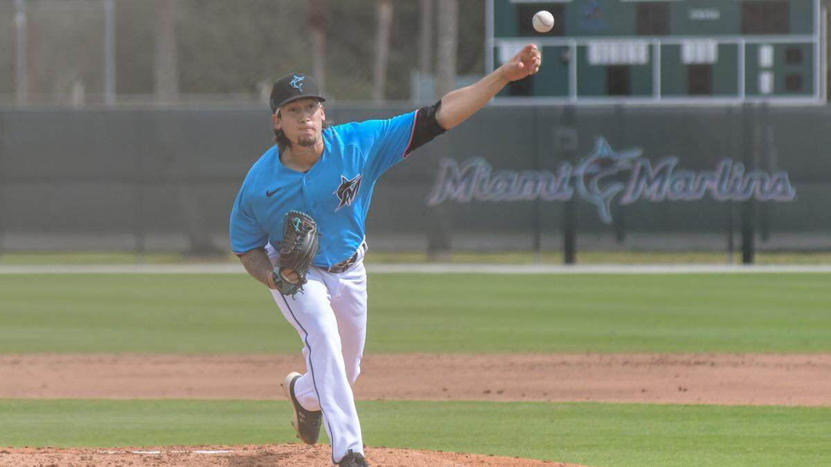 Left-handed pitcher Antonio Velez pitches during a simulated game on Thursday, Feb. 17, 2022, the back fields of the Miami Marlins’ training complex at Roger Dean Chevrolet Stadium in Jupiter, Florida.