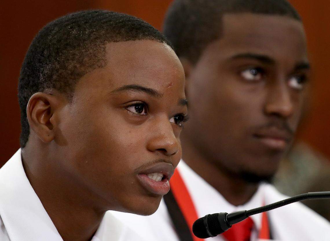 Ricky Pope, left, a student at Miami Northwestern High School, and Devery Russell, a student at Miami Lakes Educational Center, speak during a forum with the Gun Violence Task Force on Capitol Hill on Wednesday, May 23, 2018, in Washington, D.C. Students from schools across the nation met and spoke with Democratic members of the House to discuss recent school shootings and gun violence in inner city neighborhoods.