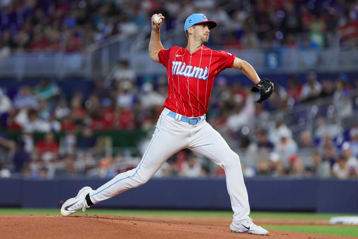 Sep 16, 2023; Miami, Florida, USA; Miami Marlins starting pitcher Bryan Hoeing (78) delivers against the Atlanta Braves during the first inning at loanDepot Park.