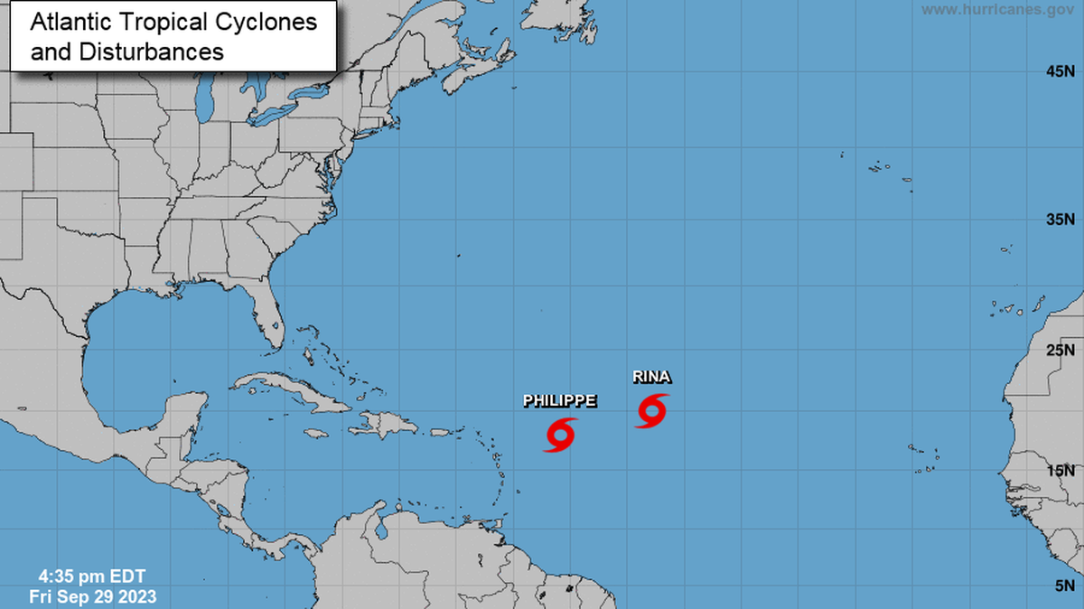 Map of the tropics on Friday afternoon, Sept. 29, 2023, shows tropical storms Philippe and Rina almost lining up.