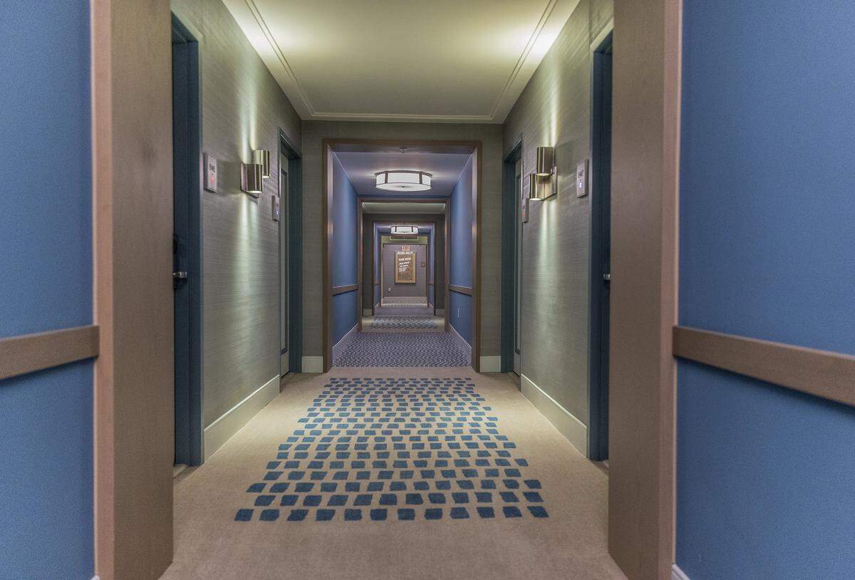 View of a recently refurbished hallway on the sixth floor of the Loews Miami Beach Hotel. 