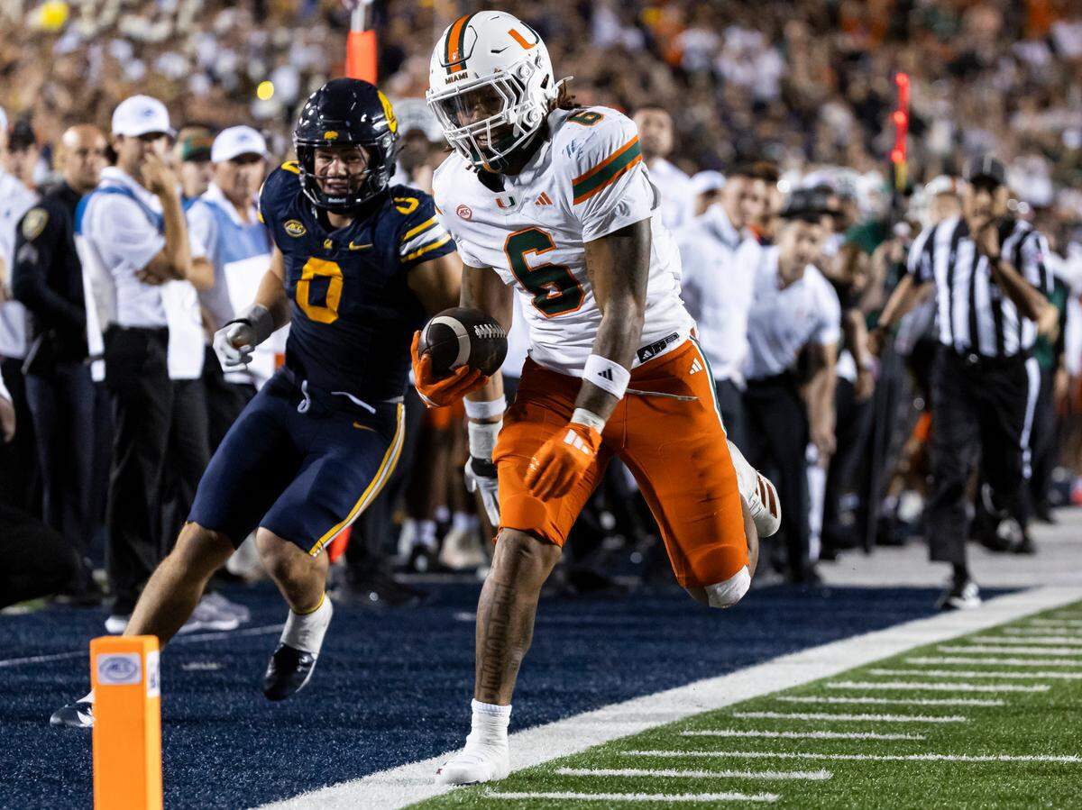 Miami Hurricanes running back Damien Martinez (6) runs with the ball after a pass from quarterback Cam Ward (1) in the second half of their NCAA college football game at the California Memorial Stadium on Saturday, Oct. 5, 2024, in Berkeley, Calif.