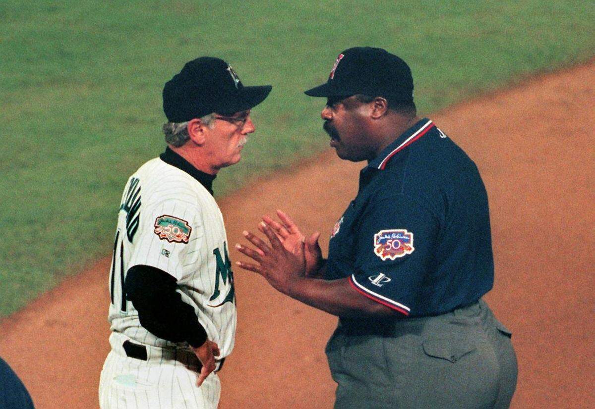 Marlins manager Jim Leyland discusses a call with the umpires in 1997.