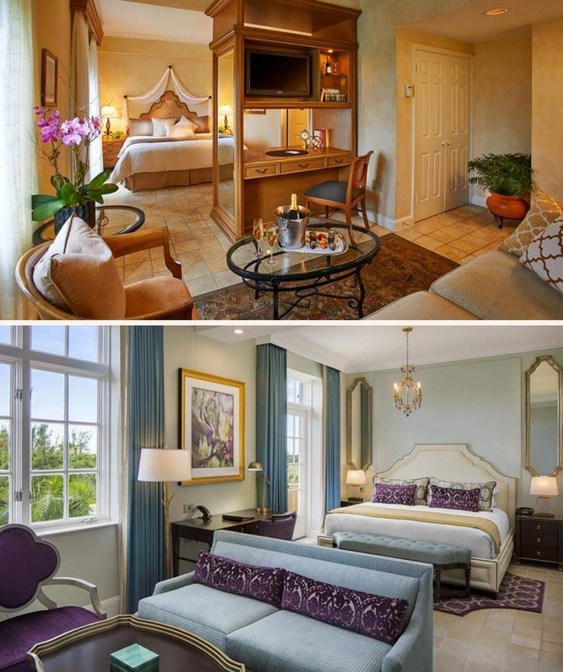 Before and after photos of the guestrooms at the Biltmore Hotel.