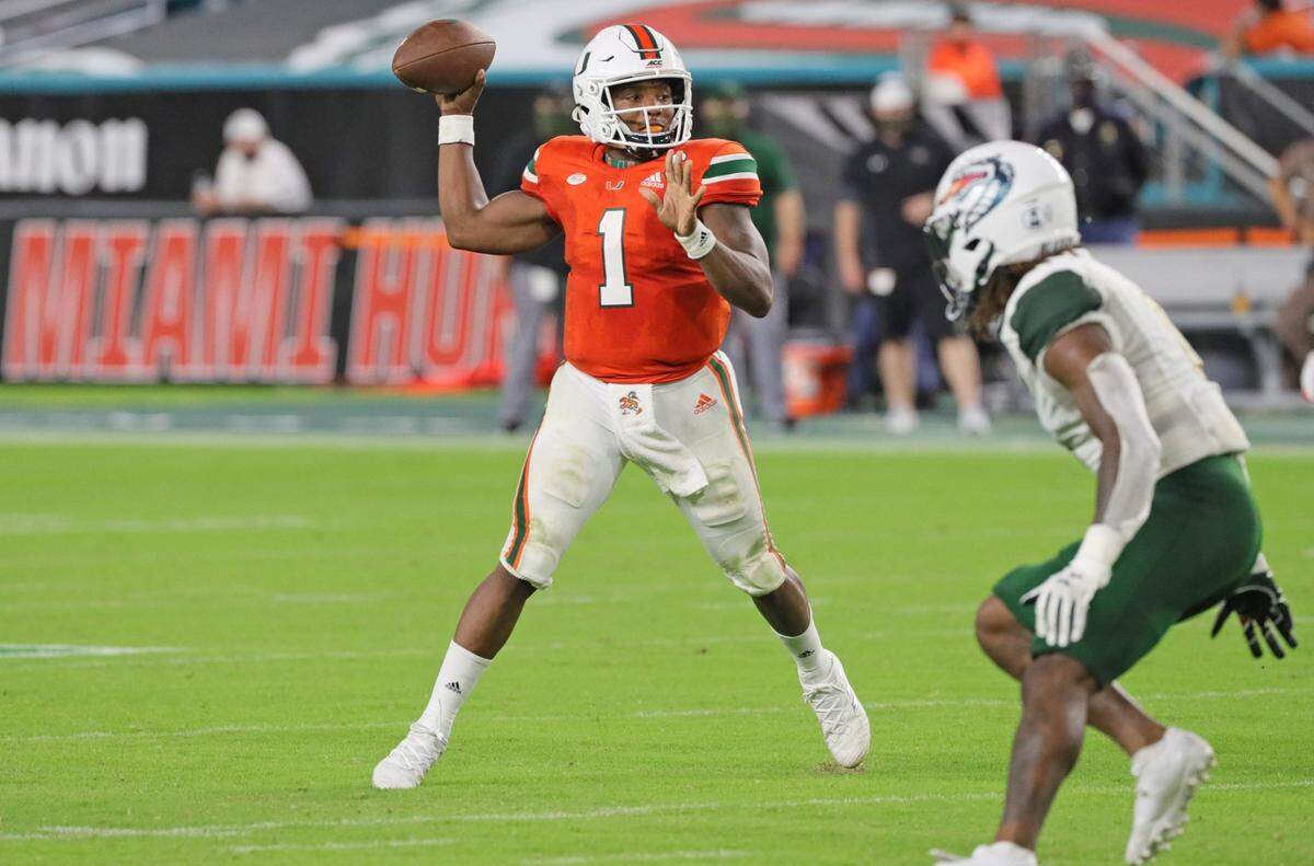 *Miami Hurricanes quarterback D’Eriq King (1) sets upo to pass in the third quarter as the University of Miami hosts the UAB Blazers at Hard Rock Stadium in Miami Gardens on Friday, September 11, 2020.