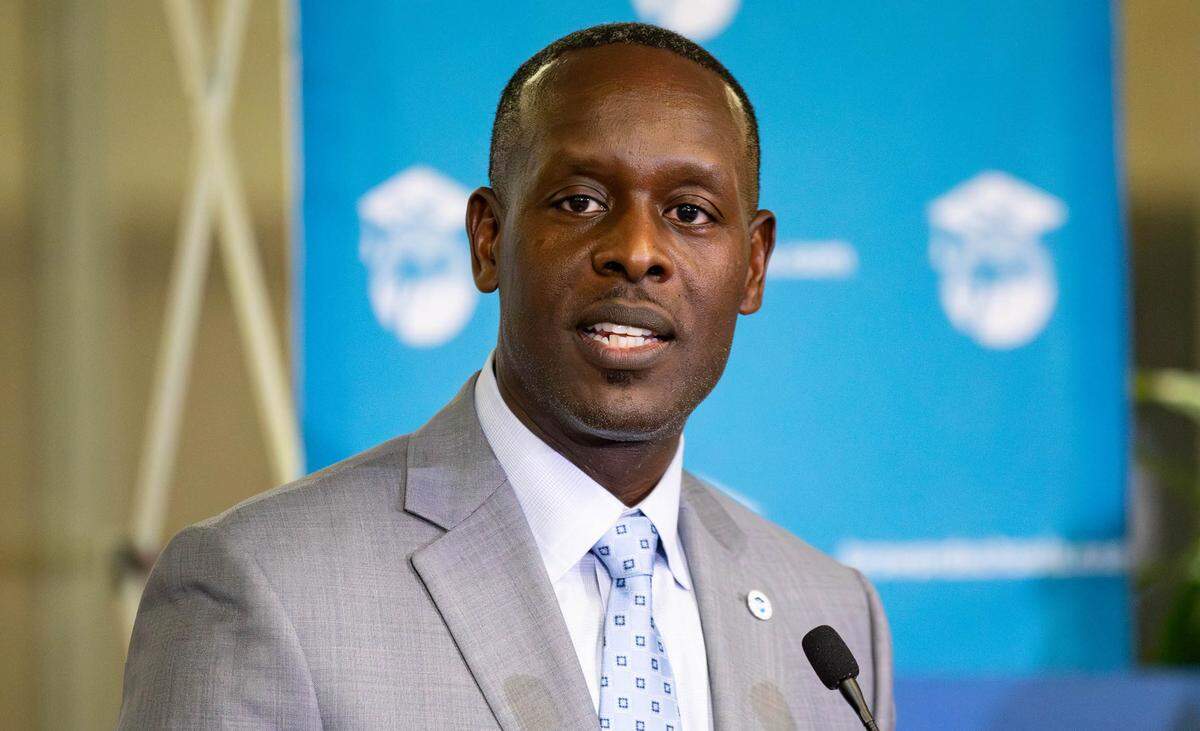 Dr. Howard Hepburn, Superintendent of Broward County Public Schools, speaks at a press conference regarding the first day of school in the district. High school students faced long lines to get in through the district’s new metal detectors.