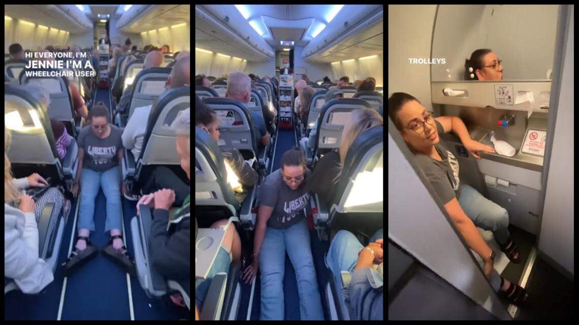 A wheelchair user had to drag herself to an airplane toilet when a flight had no aisle chair, video shows. She shared the “degrading” experience on Instagram.