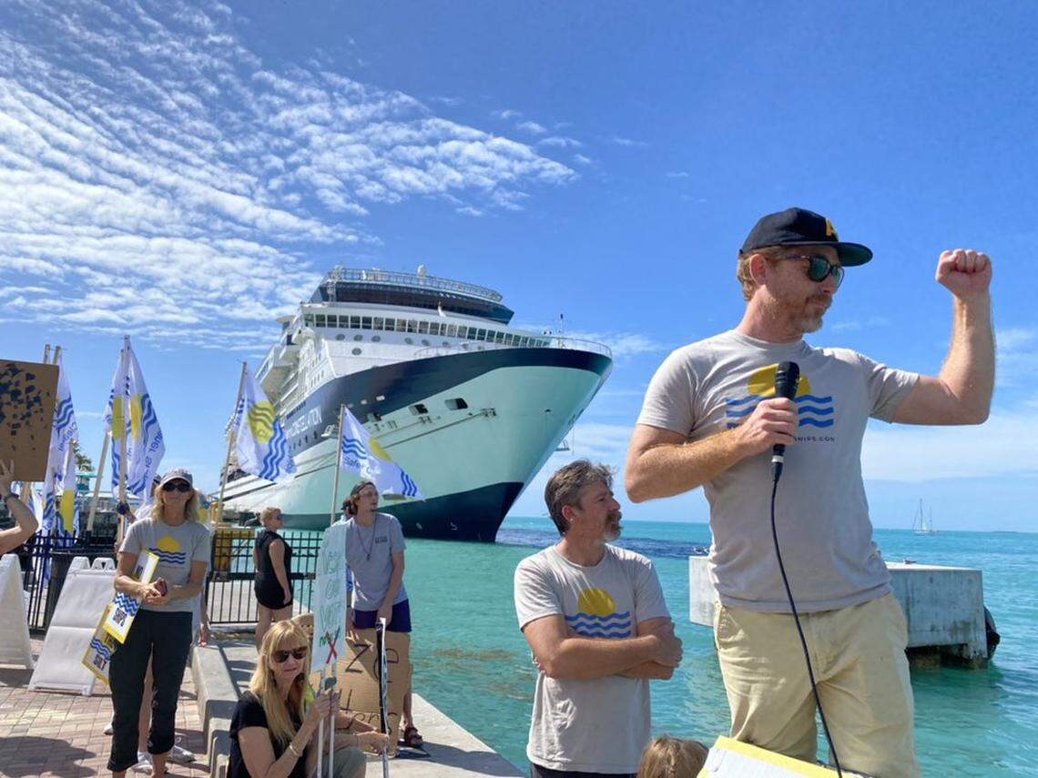 Arlo Haskell, far right, of the group Safer Cleaner Ships, helped lead a protest against large cruise ships arriving in Key West on Feb. 5, 2022.