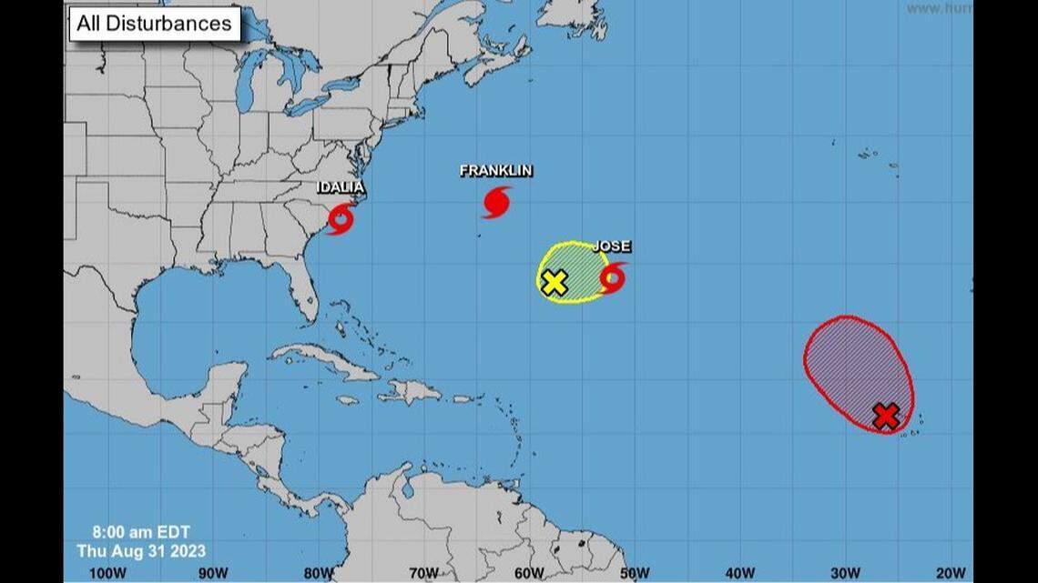 The 8 a.m. Thursday map of storms and systems in the Atlantic Ocean.