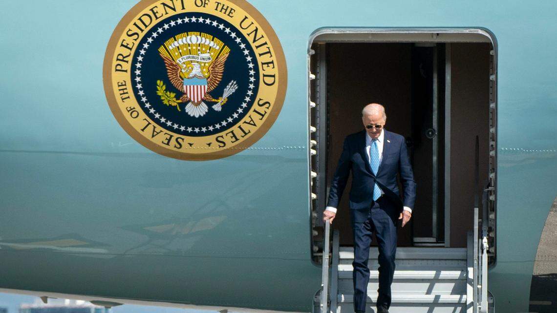President Joe Biden arrives on Air Force One at Palm Beach International Airport to campaign in Florida on Jan. 30, 2024.