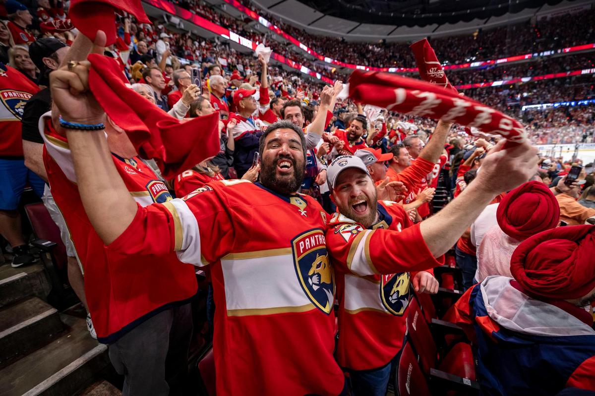 Panthers fans celebrate a Panthers goal late in the third period of Game 6 in the NHL Stanley Cup Final series at Amerant Bank Arena on Thursday, June 17, 2025, in Sunrise, Fla.