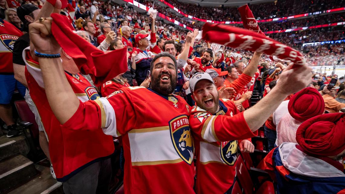 Panthers fans celebrate a Panthers goal late in the third period of Game 6 in the NHL Stanley Cup Final series at Amerant Bank Arena on Thursday, June 17, 2025, in Sunrise, Fla.
