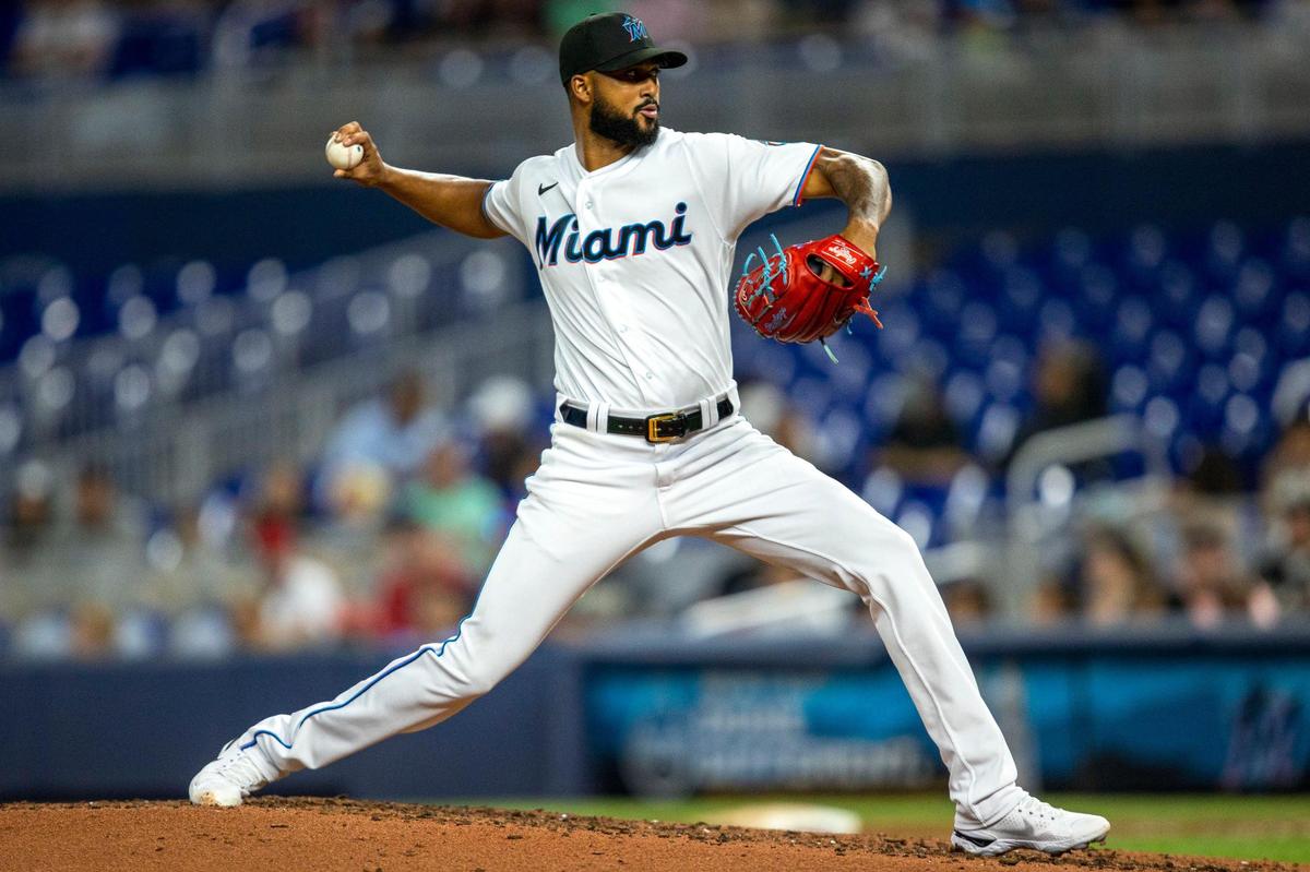 Miami Marlins pitcher Sandy Alcantara (22) throws the ball during the second inning of an MLB game against the Washington Nationals at loanDepot park in the Little Havana neighborhood of Miami, Florida, on Wednesday, June 8, 2022.