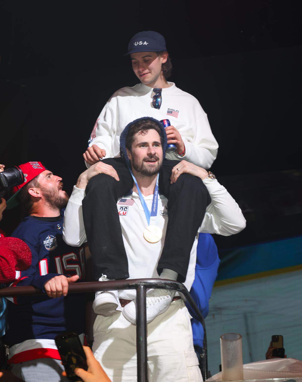 MIAMI, FLORIDA - FEBRUARY 23: Jack Hughes and Dylan Larkin attend a celebration of the USA Men's Hockey Team's Olympic Gold at E11EVEN Miami on February 23, 2026 in Miami, Florida.  (Photo by Alexander Tamargo/Getty Images for E11EVEN Miami)