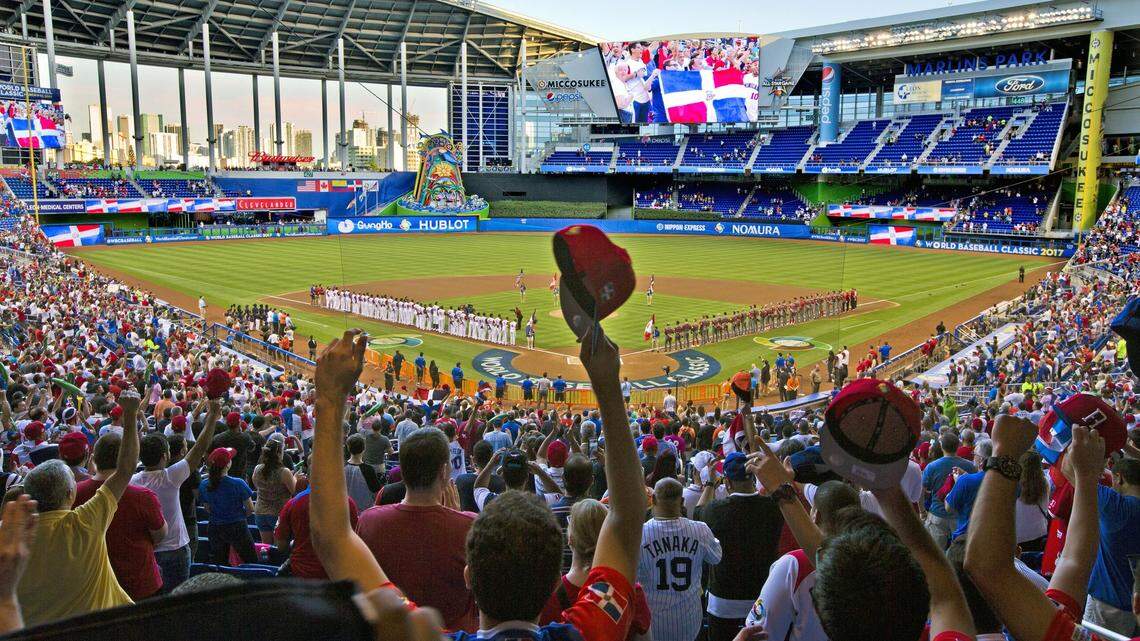 Dominican Republic National Anthem is played as Canada plays Dominican Republic in the World Baseball Classic at Marlins Park on Thursday, March 9, 2017.