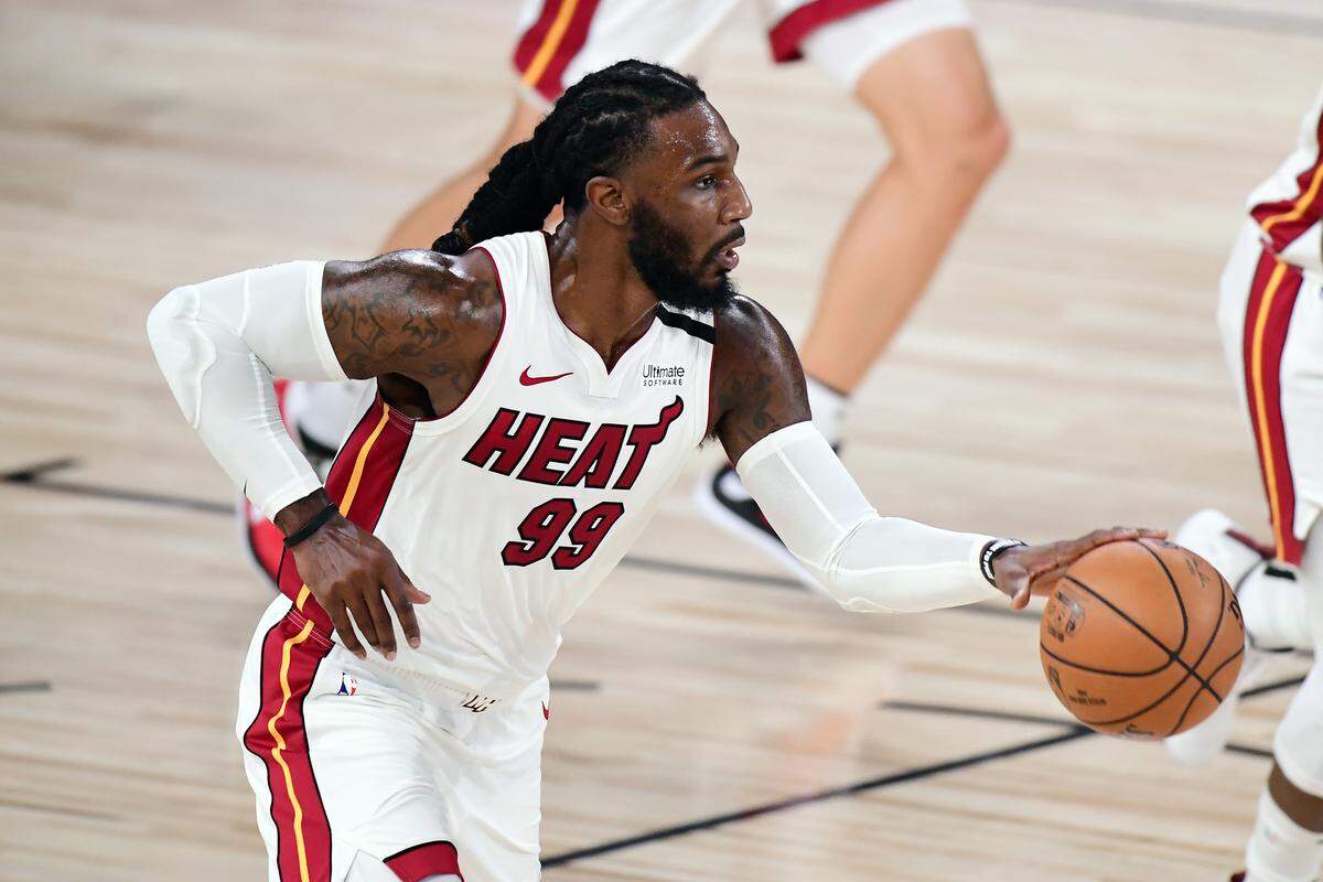 Jae Crowder #99 of the Miami Heat dribbles during the first half against the Los Angeles Lakers in Game 2 of the 2020 NBA Finals at AdventHealth Arena at ESPN Wide World Of Sports Complex on Oct. 2, 2020 in Lake Buena Vista.