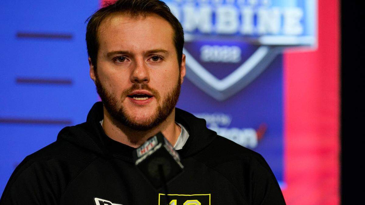 Kentucky offensive lineman Luke Fortner speaks during a press conference at the NFL football scouting combine in Indianapolis, Thursday, March 3, 2022. (AP Photo/Michael Conroy)