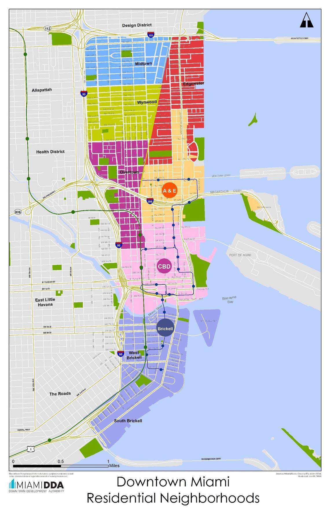 The Greater Downtown Miami area is 3.8 square miles bordered by I-195 on the north and Rickenbacker Causeway on the south.