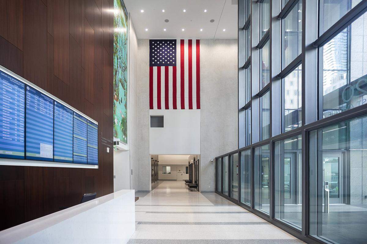 Reception lobby at the Osvaldo N. Soto Miami-Dade Justice Center, the new courthouse in downtown Miami, on November 7th., 2025.