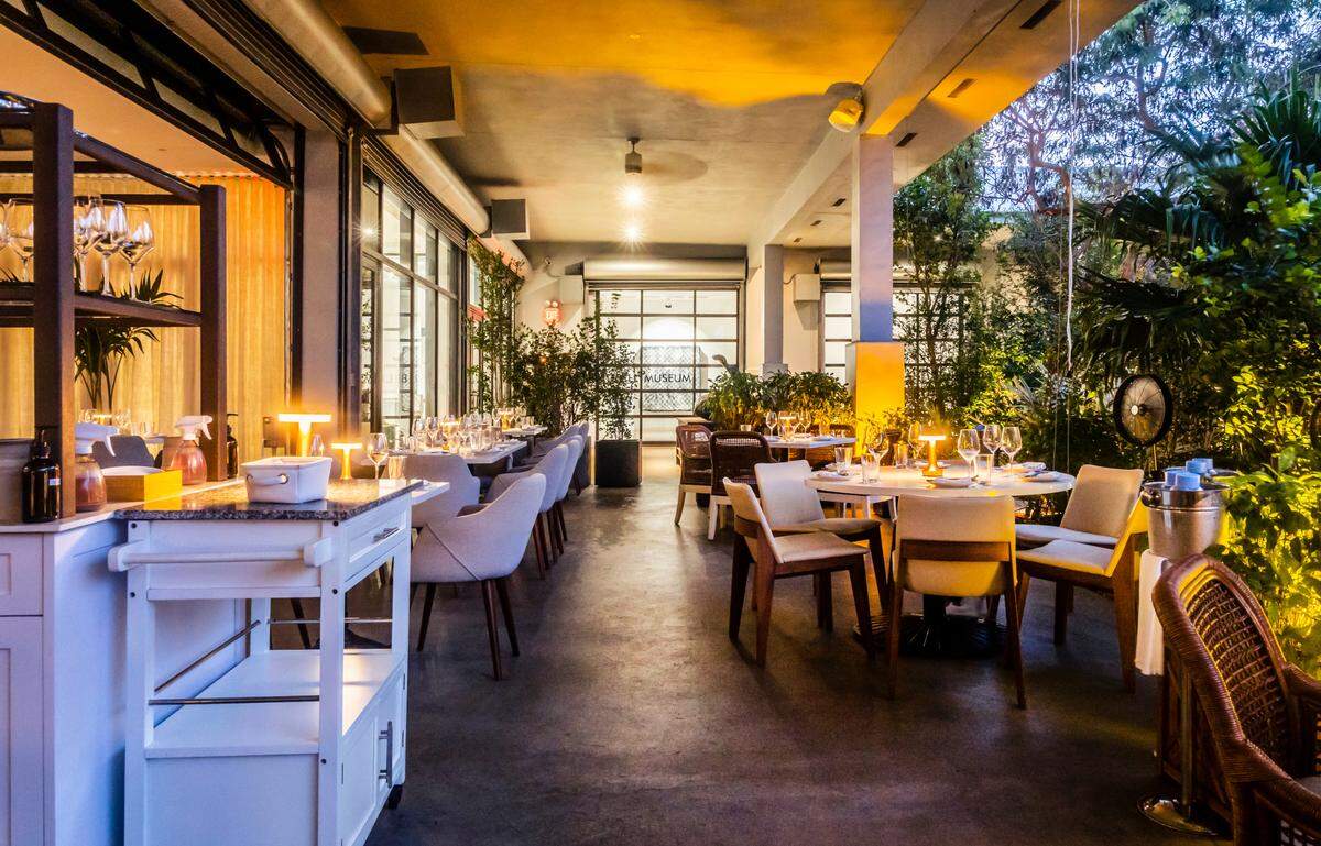The outdoor patio at Leku FIsh & Garden at the Rubell Museum in Miami.