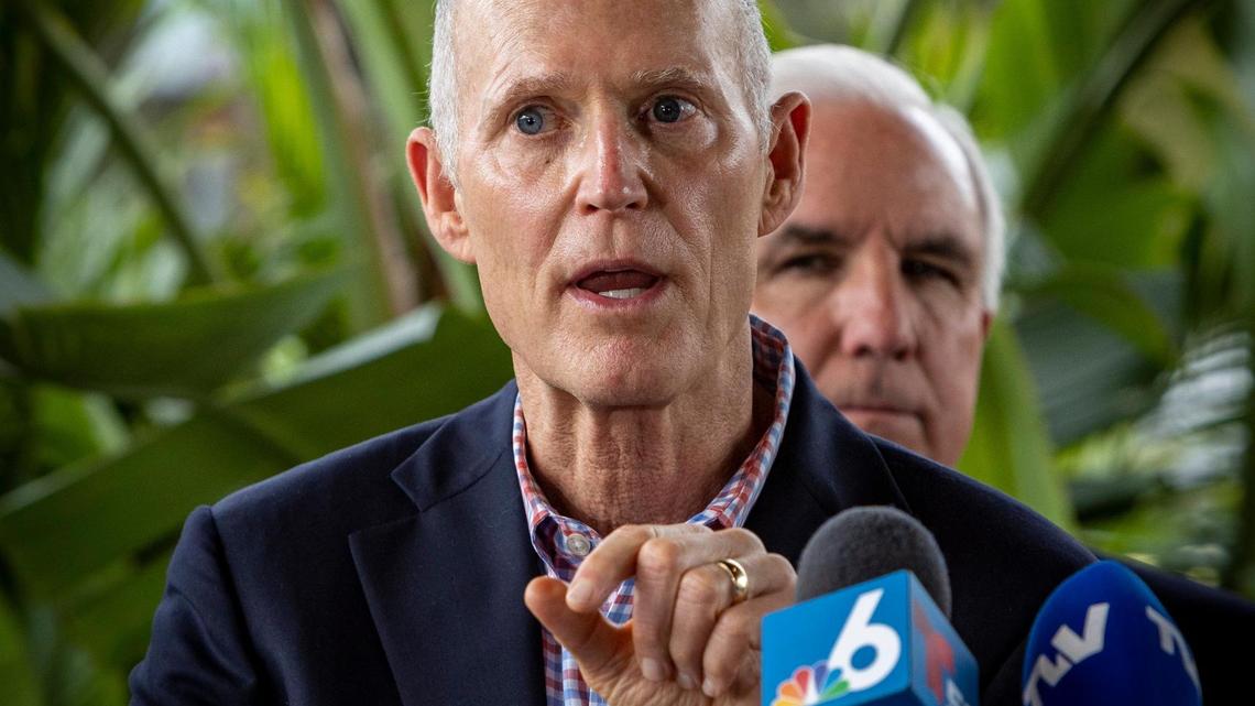 Miami, Florida, January 26, 2022 - Senator Rick Scott answers questions from the press during a press conference in front of Mondongo’s restaurant in Doral, Florida.
