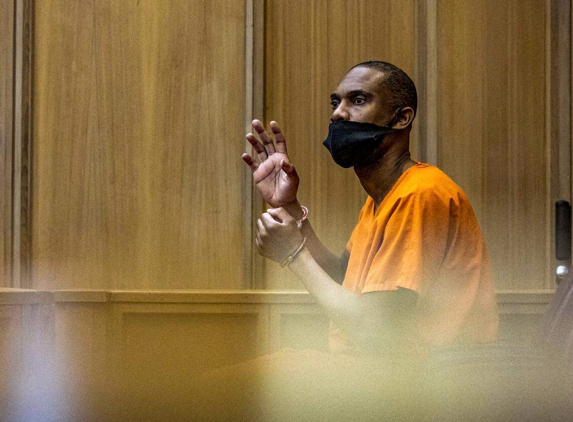 Defendant Maiky Simeon reacts during a plea hearing as he is accused in the deaths of five young people in a wrong-way crash on the Palmetto Expressway in 2022, at the Gerstein Justice Building, in Miami on Friday, April 24, 2026.