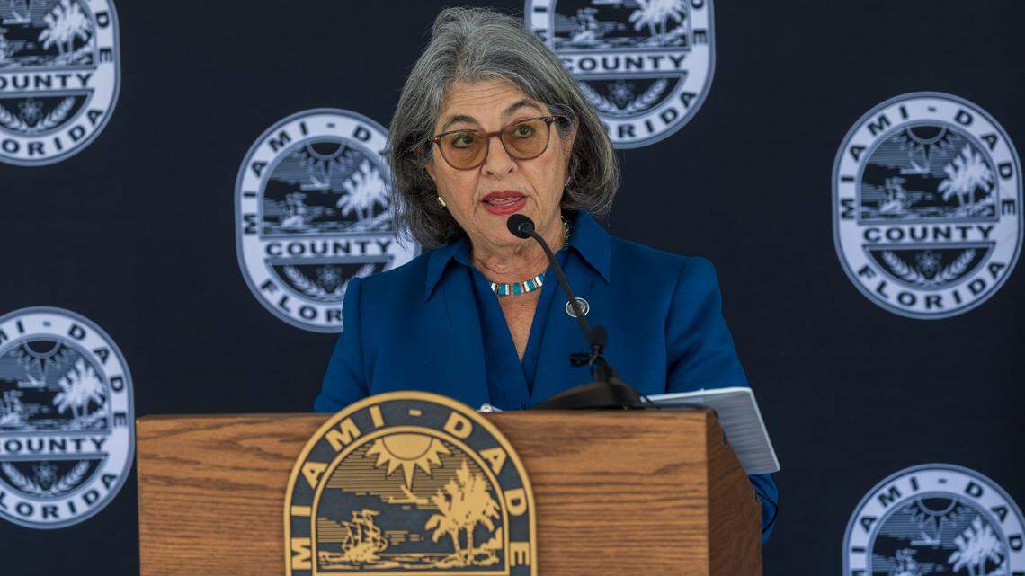 Miami-Dade Mayor Daniella Levine Cava speaks during a press conference at County Hall, to put pressure on county commissioners to sustain her veto of a new headquarters for Kelly Tractor off of State Road 836 and outside the county's Urban Development Boundary, on Tuesday, February 17, 2026.