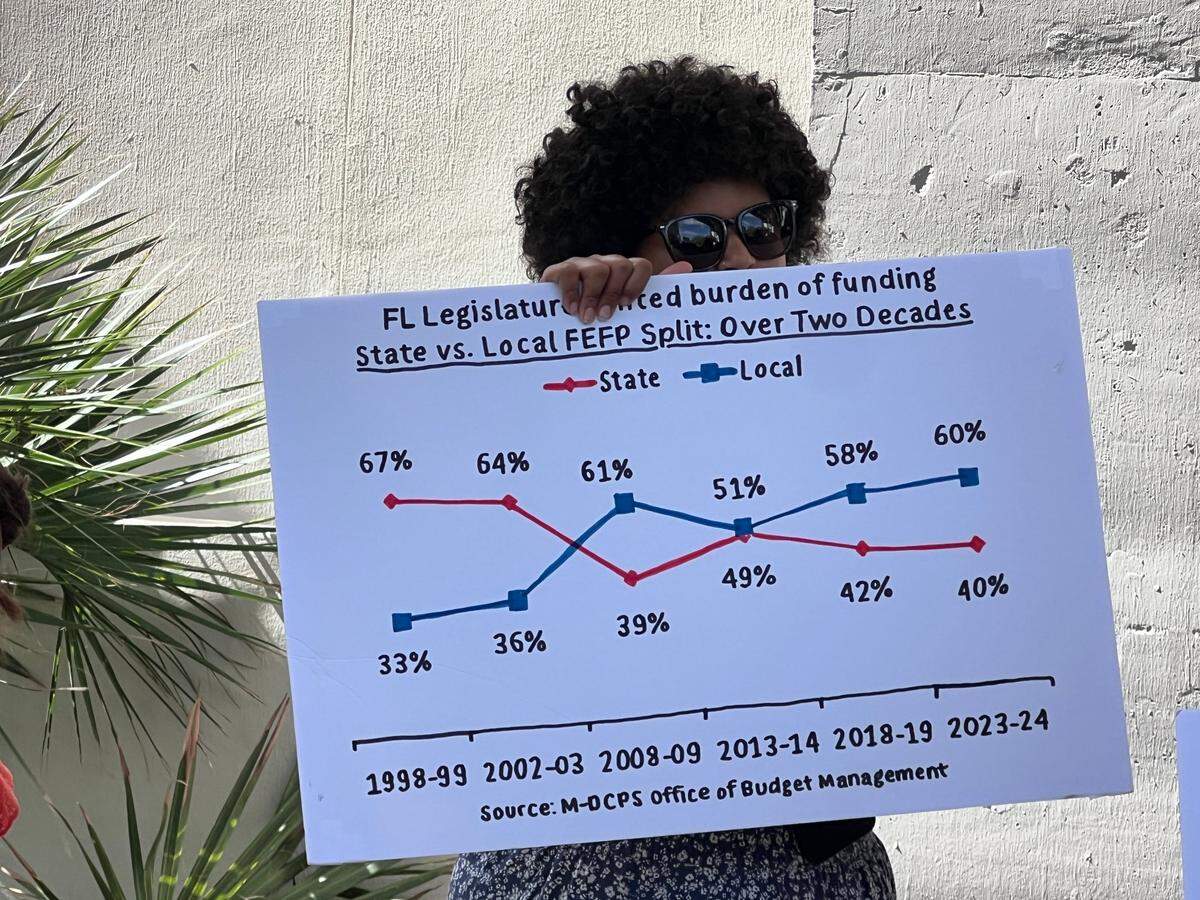 An education advocate holds up a poster at today’s briefing which preceded the Miami-Dade school board meeting.