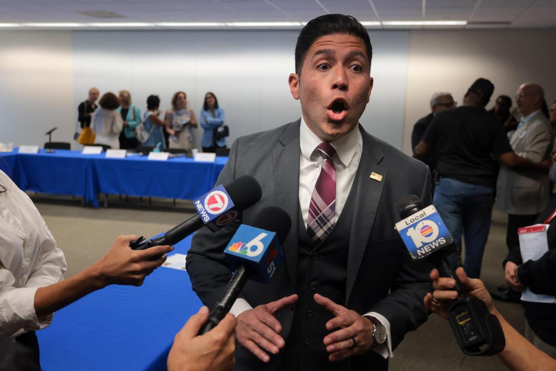 Miami-Dade Commissioner Roberto J. Gonzalez talks to reporters after appearing at a roundtable discussion on water fluoridation with dentists, doctors, parents and public health experts hosted by Miami-Dade County Mayor Daniella Levine Cava at the Stephen P. Clark Government Center in downtown Miami on Monday, April 7, 2025.