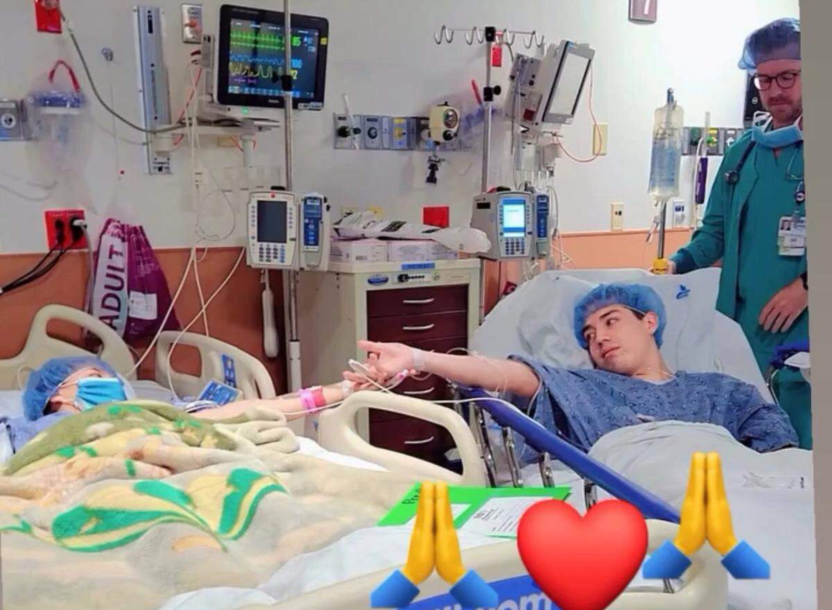 Brittany Calispa, left, and her brother Kevin Calispa say goodbye before being taken to their respective surgeries at Memorial Regional Hospital. Kevin donated a kidney to Brittany. 
