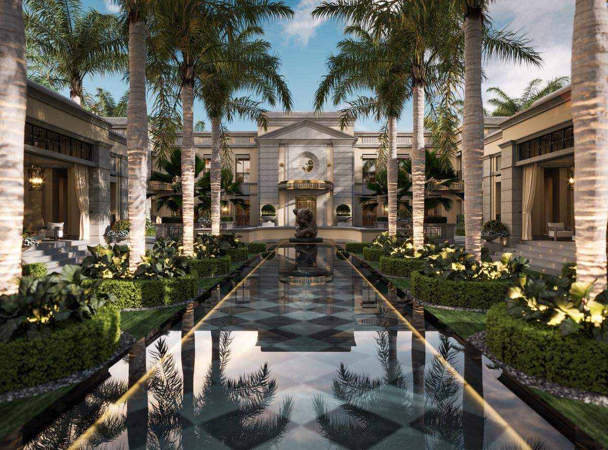 An exterior rendering of the home under construction at 7 Indian Creek Rd., including the mansion’s landscaping and fountains.