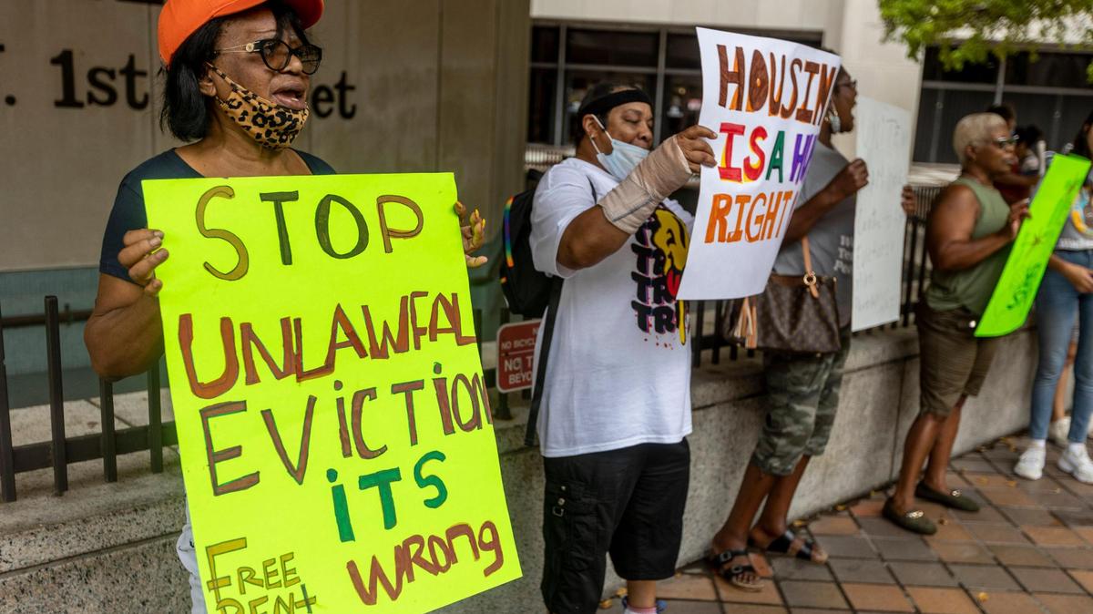The Miami Workers Center held a rally July 20, 2021, in front of the Stephen Clark Government Center, 111 NW First Street, Miami, to demand policy changes to better protect renters from predatory landlords.
