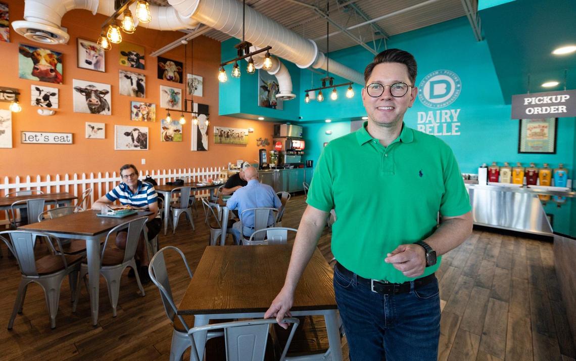 Managing partner Francois Grenier serves French Canadian specialties at Dairy Belle Ice Cream shop in Dania Beach, Florida, on Thursday, March 27, 2025.