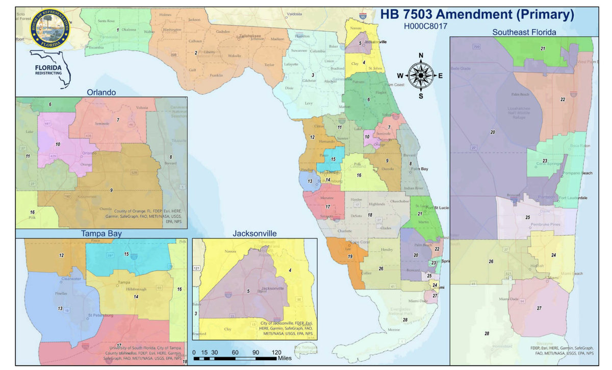 The Florida House has proposed a new map that attempts to appease the governor’s configuration for a North Florida minority district. But, in a signal that it considers the governor’s proposal vulnerable to being invalidated by a court, the House released a second map that restores the North Florida district as a back-up plan.