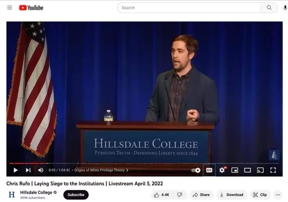 Christopher Rufo, a writer, filmmaker and activist who has challenged critical race theory, delivers a speech at Hillsdale College, a small conservative school in Michigan. His talk was titled “Laying siege to the institutions,” where he proposed major changes at public universities in the U.S. Gov. Ron DeSantis announced Rufo’s appointment to the New College of Florida board of trustees on Jan. 6, 2023.