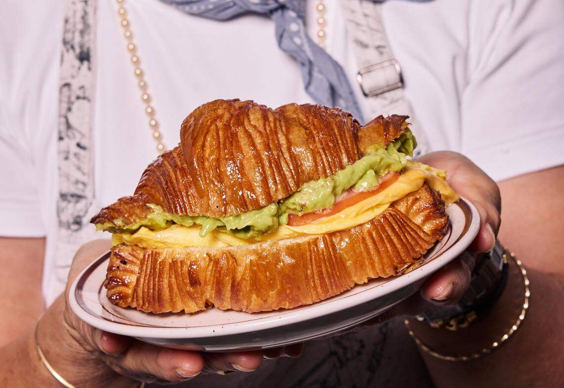 A croissant breakfast sandwich from Caracas Bakery.