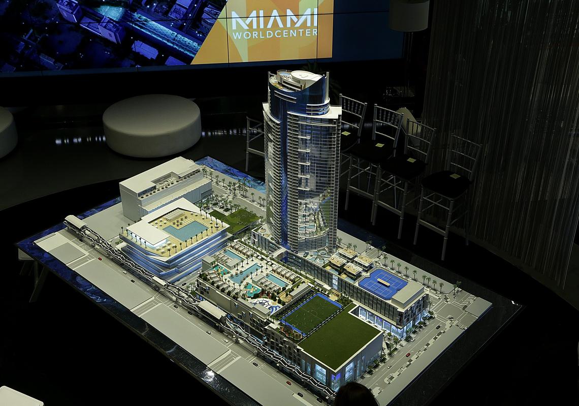 A model of the first phase of the multi-block Miami Worldcenter project, now under construction just north of downtown Miami.