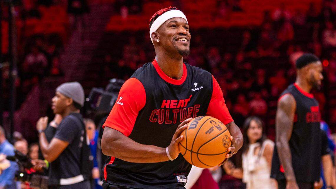 Miami Heat forward Jimmy Butler (22) reacts as he prepares to shoot before the first half of an NBA game at Kaseya Center on Nov. 18, 2024, in Miami.