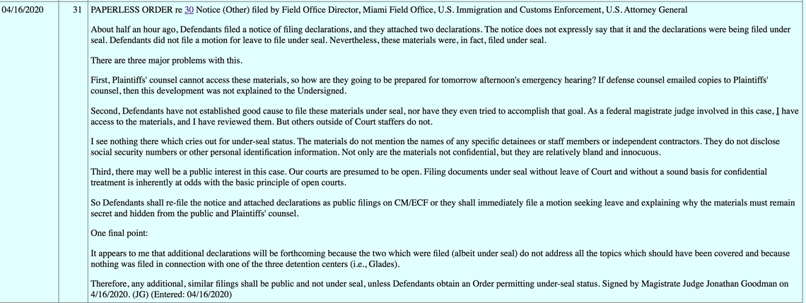 A copy of Miami Federal Magistrate Judge Jonathan Goodman’s initial filing entered on April 16. Hours later he filed an apology.