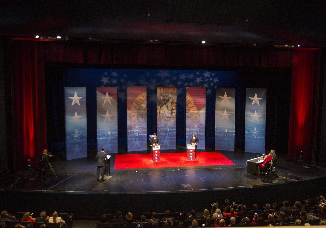 Florida gubernatorial candidates Republican Ron DeSantis, left, and Democrat Andrew Gillum meet in their second debate Wednesday, Oct. 24, 2018, at Broward College.